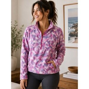Eddie Bauer Pink Purple Print Quarter Zip Fleece Pullover XL